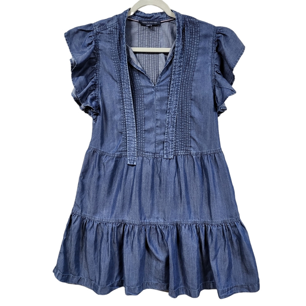 Tommy Hilfiger Women's Blue Chambray Tie Neck Flutter Sleeve Short Dress Size 4